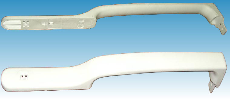 Two views of a light-colored elongated molded component
